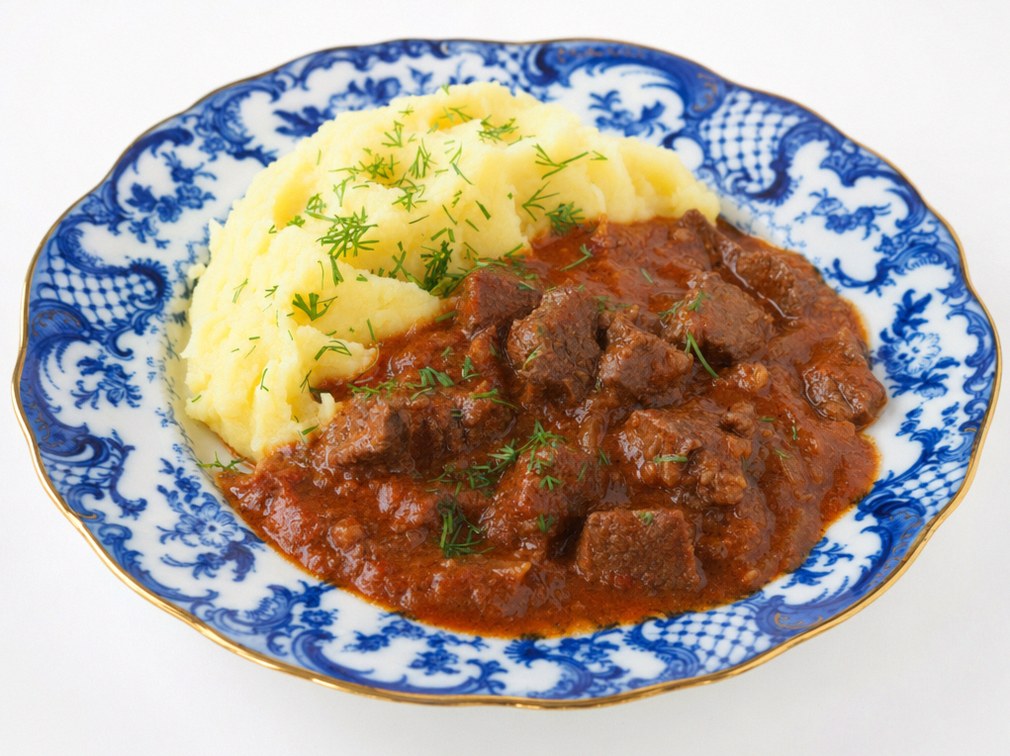 Гуляш венгерский по советской версии 1950-х: густая подлива к пюре